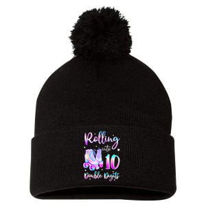 10 Years Old Birthday Girl Rolling Into 10th Double Digits Pom Pom 12in Knit Beanie