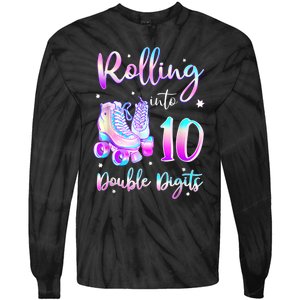 10 Years Old Birthday Girl Rolling Into 10th Double Digits Tie-Dye Long Sleeve Shirt