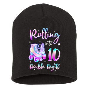 10 Years Old Birthday Girl Rolling Into 10th Double Digits Short Acrylic Beanie