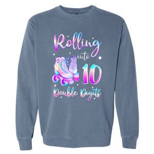 10 Years Old Birthday Girl Rolling Into 10th Double Digits Garment-Dyed Sweatshirt