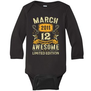 12 Year Old Awesome Since March 2011 12th Birthday Gifts Baby Long Sleeve Bodysuit