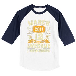 12 Year Old Awesome Since March 2011 12th Birthday Gifts Baseball Sleeve Shirt