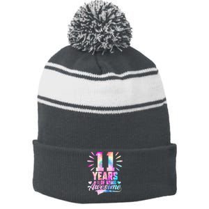 11 Years Old 11th Birthday Tie Dye Being Awesome Stripe Pom Pom Beanie