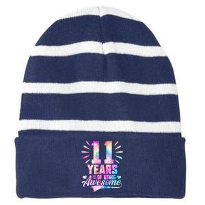 11 Years Old 11th Birthday Tie Dye Being Awesome Striped Beanie with Solid Band