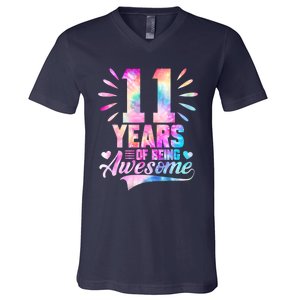 11 Years Old 11th Birthday Tie Dye Being Awesome V-Neck T-Shirt