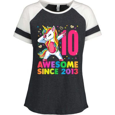 10 Year Old Unicorn Dabbing 10th Birthday Girl Unicorn Party Enza Ladies Jersey Colorblock Tee