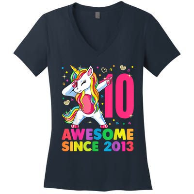 10 Year Old Unicorn Dabbing 10th Birthday Girl Unicorn Party Women's V-Neck T-Shirt