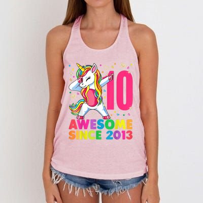 10 Year Old Unicorn Dabbing 10th Birthday Girl Unicorn Party Women's Knotted Racerback Tank