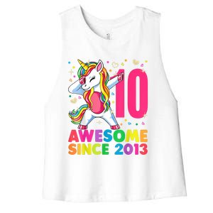 10 Year Old Unicorn Dabbing 10th Birthday Girl Unicorn Party Women's Racerback Cropped Tank