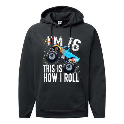 16 Year Old Gift Cool 16th Birthday Boy Gift For Monster Truck Car Lovers Performance Fleece Hoodie