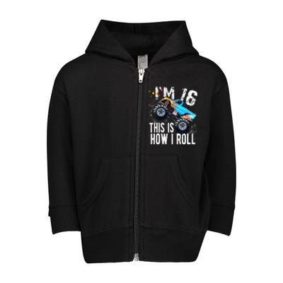 16 Year Old Gift Cool 16th Birthday Boy Gift For Monster Truck Car Lovers Toddler Zip Fleece Hoodie