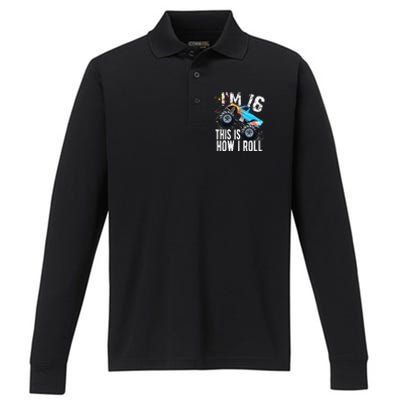 16 Year Old Gift Cool 16th Birthday Boy Gift For Monster Truck Car Lovers Performance Long Sleeve Polo