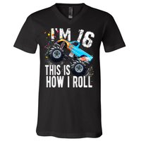 16 Year Old Gift Cool 16th Birthday Boy Gift For Monster Truck Car Lovers V-Neck T-Shirt