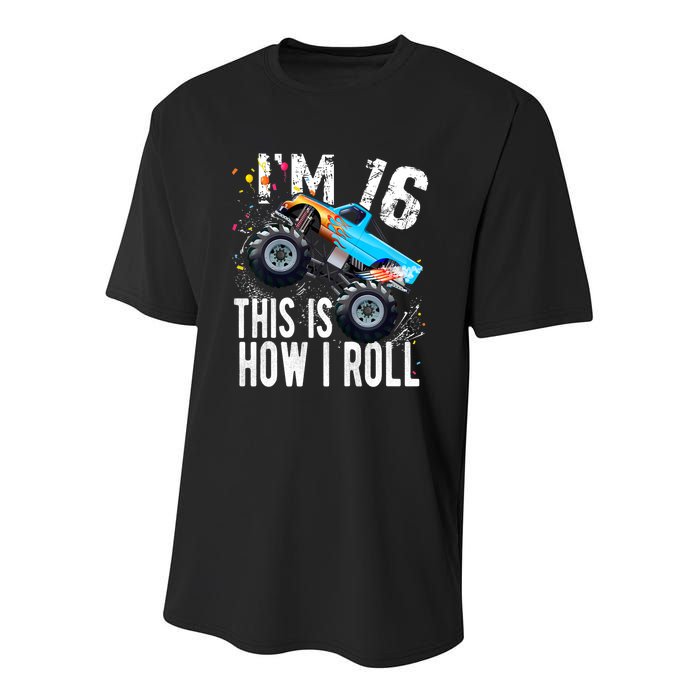 16 Year Old Gift Cool 16th Birthday Boy Gift For Monster Truck Car Lovers Youth Performance Sprint T-Shirt