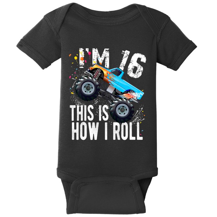 16 Year Old Gift Cool 16th Birthday Boy Gift For Monster Truck Car Lovers Baby Bodysuit