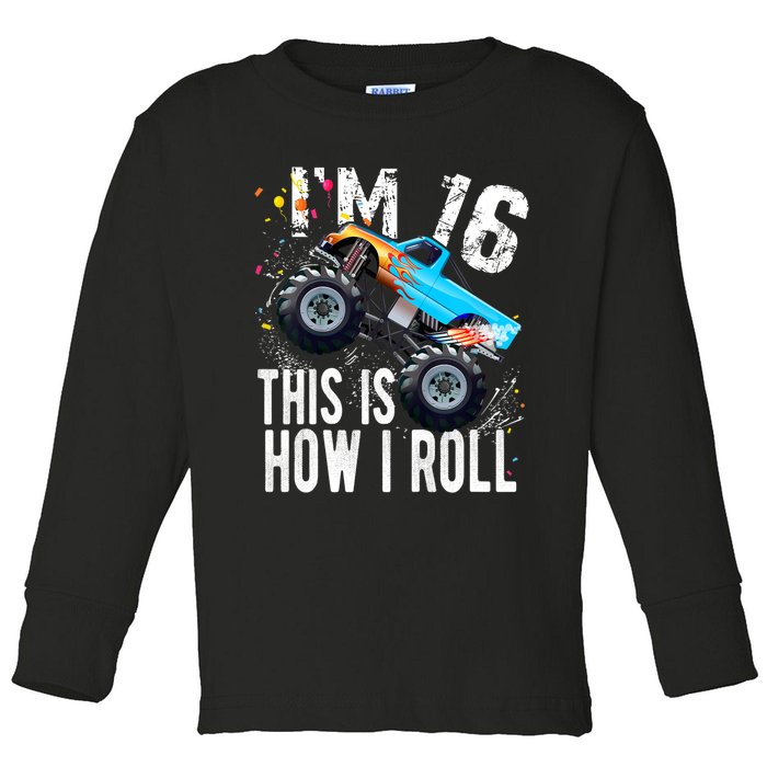 16 Year Old Gift Cool 16th Birthday Boy Gift For Monster Truck Car Lovers Toddler Long Sleeve Shirt