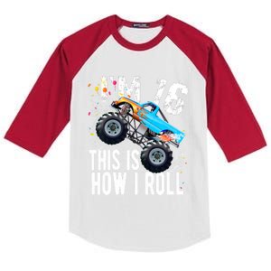 16 Year Old Gift Cool 16th Birthday Boy Gift For Monster Truck Car Lovers Kids Colorblock Raglan Jersey