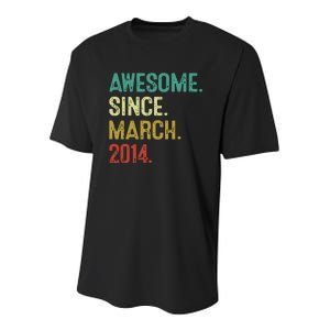 10 Year Old Awesome Since March 2014 10th Birthday Youth Performance Sprint T-Shirt