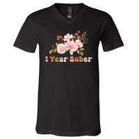 1 Year Sober Gift Sober Anniversary Gift Sobriety Gift Recovery Soberversary V-Neck T-Shirt