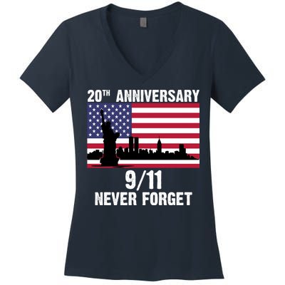 20th Anniversary 9/11 Tribute Never Forget US Flag New York Women's V-Neck T-Shirt