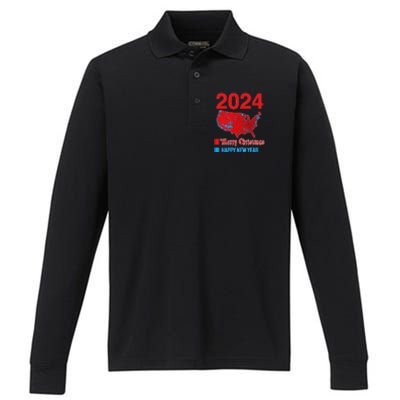 2024 Accurate Election Map Merry Christmas Happy New Year Performance Long Sleeve Polo