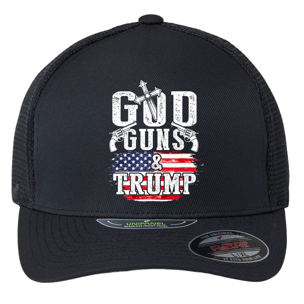 2nd Amendment God Guns And Trump Flexfit Unipanel Trucker Cap