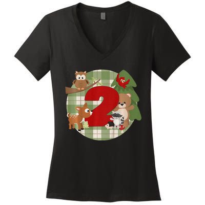 2nd Birthday 2 Year Old Woodland Animals Women's V-Neck T-Shirt