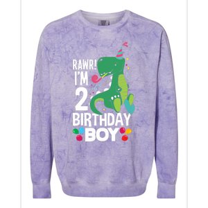  2nd Birthday Boy 2 Year Old Birthday Boy T Rex Dinosaur Colorblast Crewneck Sweatshirt