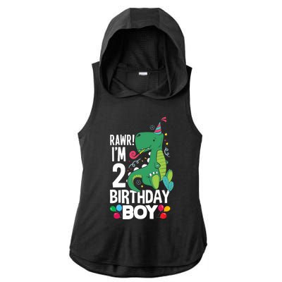  2nd Birthday Boy 2 Year Old Birthday Boy T Rex Dinosaur Ladies PosiCharge Tri-Blend Wicking Draft Hoodie Tank