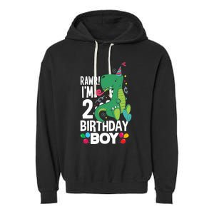  2nd Birthday Boy 2 Year Old Birthday Boy T Rex Dinosaur Garment-Dyed Fleece Hoodie