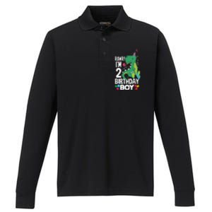  2nd Birthday Boy 2 Year Old Birthday Boy T Rex Dinosaur Performance Long Sleeve Polo