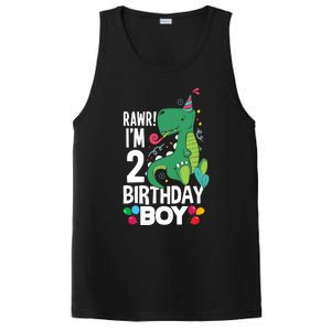  2nd Birthday Boy 2 Year Old Birthday Boy T Rex Dinosaur PosiCharge Competitor Tank