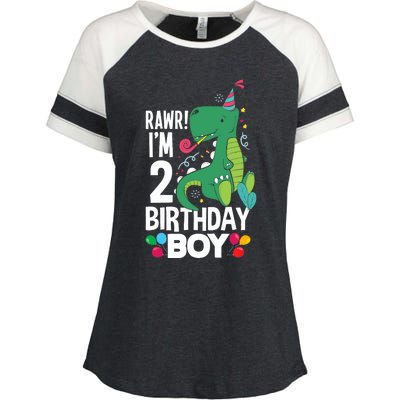  2nd Birthday Boy 2 Year Old Birthday Boy T Rex Dinosaur Enza Ladies Jersey Colorblock Tee