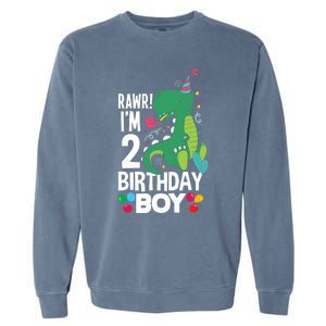  2nd Birthday Boy 2 Year Old Birthday Boy T Rex Dinosaur Garment-Dyed Sweatshirt