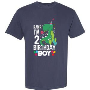  2nd Birthday Boy 2 Year Old Birthday Boy T Rex Dinosaur Garment-Dyed Heavyweight T-Shirt