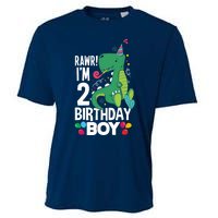  2nd Birthday Boy 2 Year Old Birthday Boy T Rex Dinosaur Cooling Performance Crew T-Shirt