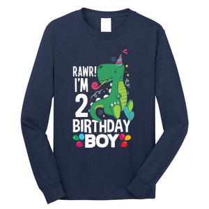  2nd Birthday Boy 2 Year Old Birthday Boy T Rex Dinosaur Long Sleeve Shirt