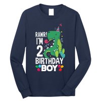  2nd Birthday Boy 2 Year Old Birthday Boy T Rex Dinosaur Long Sleeve Shirt