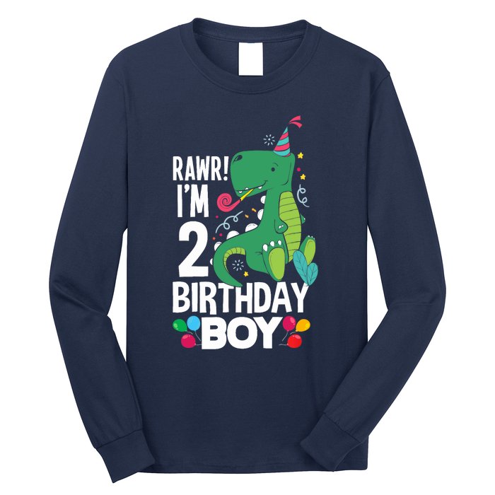  2nd Birthday Boy 2 Year Old Birthday Boy T Rex Dinosaur Long Sleeve Shirt