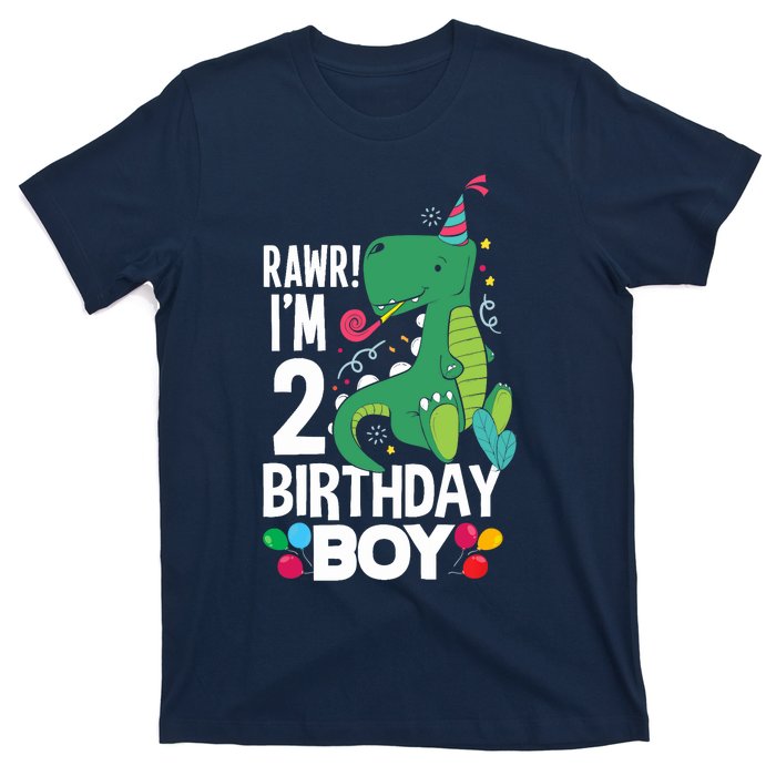  2nd Birthday Boy 2 Year Old Birthday Boy T Rex Dinosaur T-Shirt