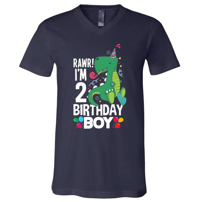  2nd Birthday Boy 2 Year Old Birthday Boy T Rex Dinosaur V-Neck T-Shirt