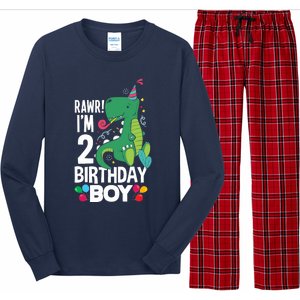  2nd Birthday Boy 2 Year Old Birthday Boy T Rex Dinosaur Long Sleeve Pajama Set