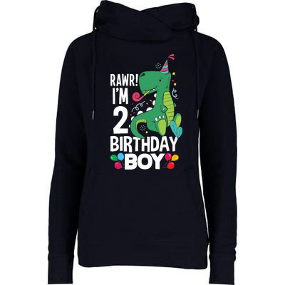  2nd Birthday Boy 2 Year Old Birthday Boy T Rex Dinosaur Womens Funnel Neck Pullover Hood