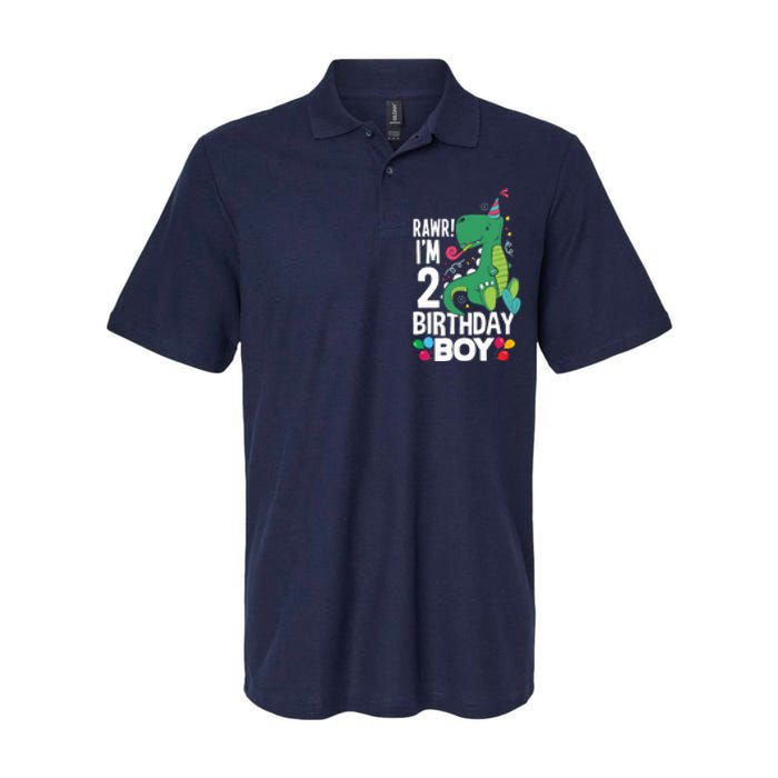  2nd Birthday Boy 2 Year Old Birthday Boy T Rex Dinosaur Softstyle Adult Sport Polo