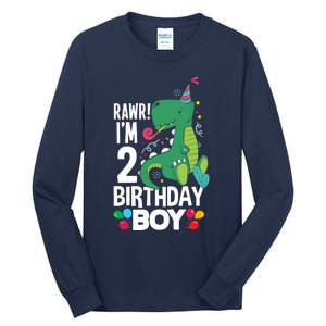  2nd Birthday Boy 2 Year Old Birthday Boy T Rex Dinosaur Tall Long Sleeve T-Shirt