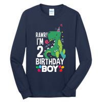  2nd Birthday Boy 2 Year Old Birthday Boy T Rex Dinosaur Tall Long Sleeve T-Shirt