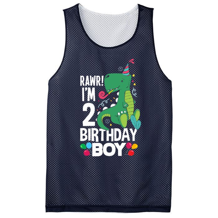  2nd Birthday Boy 2 Year Old Birthday Boy T Rex Dinosaur Mesh Reversible Basketball Jersey Tank