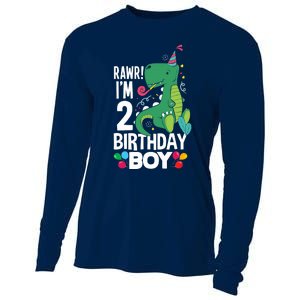  2nd Birthday Boy 2 Year Old Birthday Boy T Rex Dinosaur Cooling Performance Long Sleeve Crew