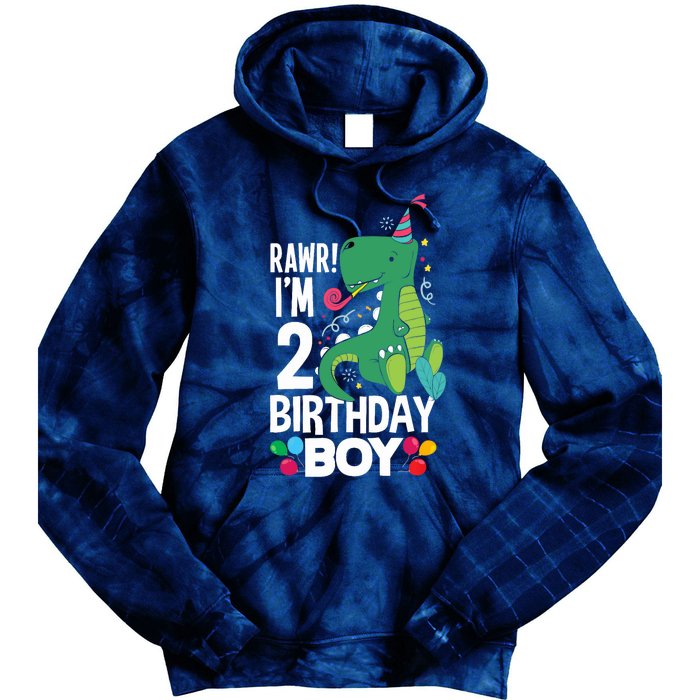  2nd Birthday Boy 2 Year Old Birthday Boy T Rex Dinosaur Tie Dye Hoodie