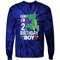  2nd Birthday Boy 2 Year Old Birthday Boy T Rex Dinosaur Tie-Dye Long Sleeve Shirt